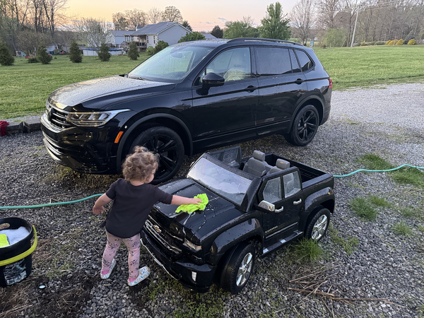 Helping clean mom’s new car and her truck 🧼